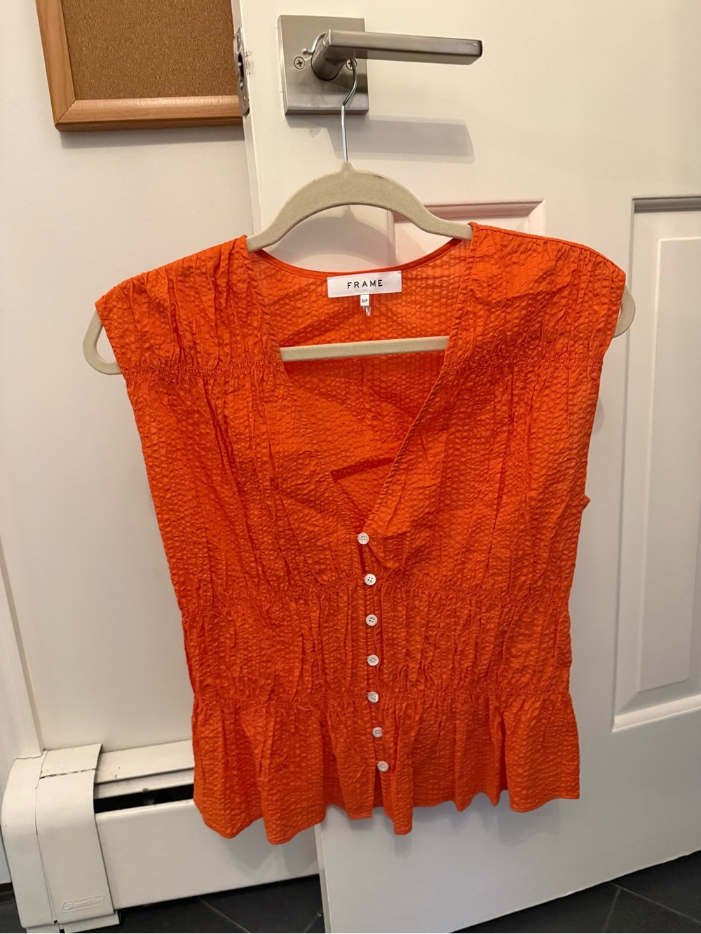 Frame Denim Vibrant Orange Textured Button-Front Cap Sleeve Top